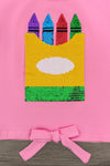 Pink Sequin Crayon Denim Short Set - 3T - Pink fabric with a colorful sequin crayons box graphic and a pink bow tied at the hem.