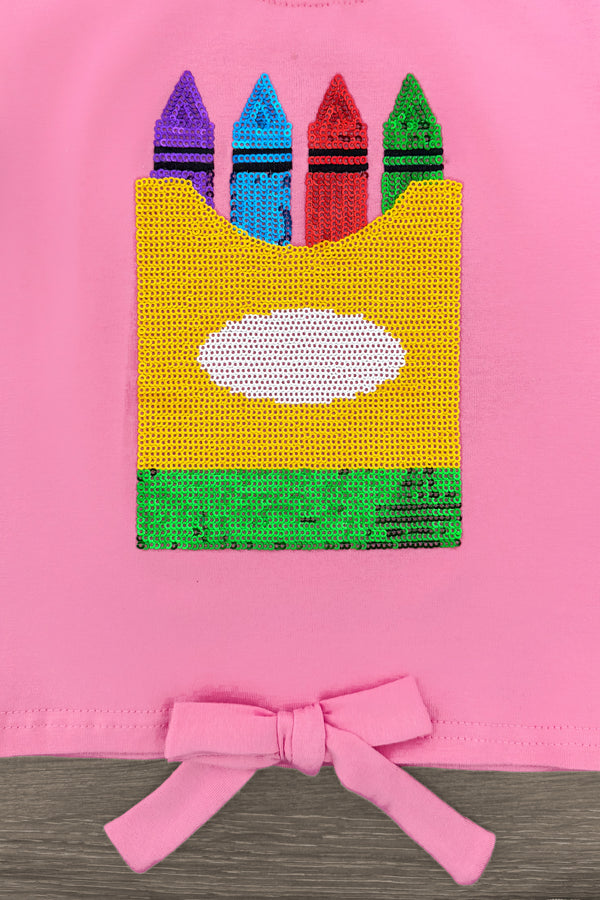 Pink Sequin Crayon Denim Short Set - 3T - Pink fabric with a colorful sequin crayons box graphic and a pink bow tied at the hem.
