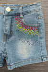 Pink Sequin Crayon Denim Short Set - 3T - Light blue denim shorts with pink, yellow, and black sequins arranged in curved stripes near front pocket.