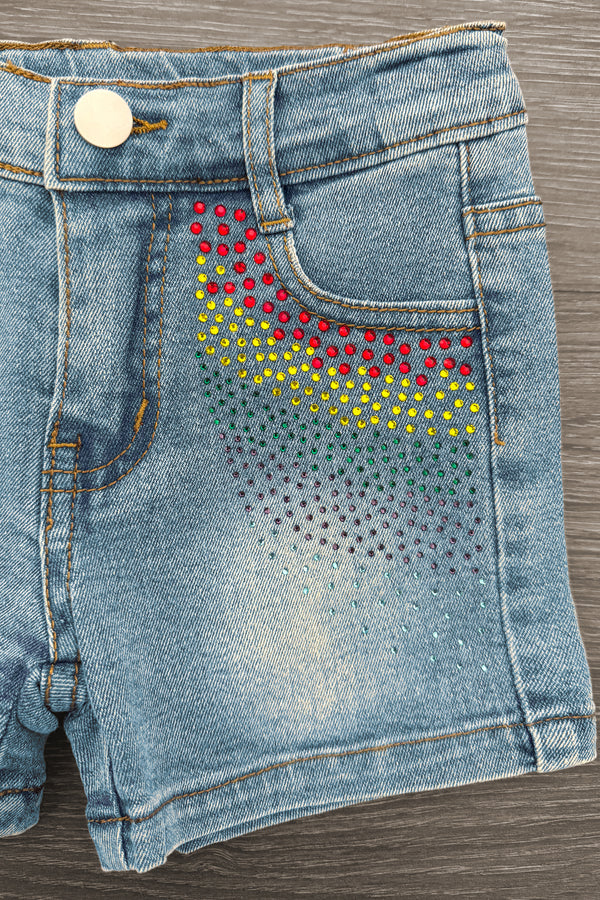 Pink Sequin Crayon Denim Short Set - 3T - Light blue denim shorts with pink, yellow, and black sequins arranged in curved stripes near front pocket.