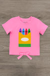 Pink Sequin Crayon Denim Short Set - 3T - Bright pink short-sleeve shirt with crayon graphic and front tie detail.