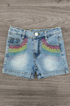 Pink Sequin Crayon Denim Short Set - 3T - Light blue denim shorts with colorful pink and yellow sequin crayon patterns on front pockets.