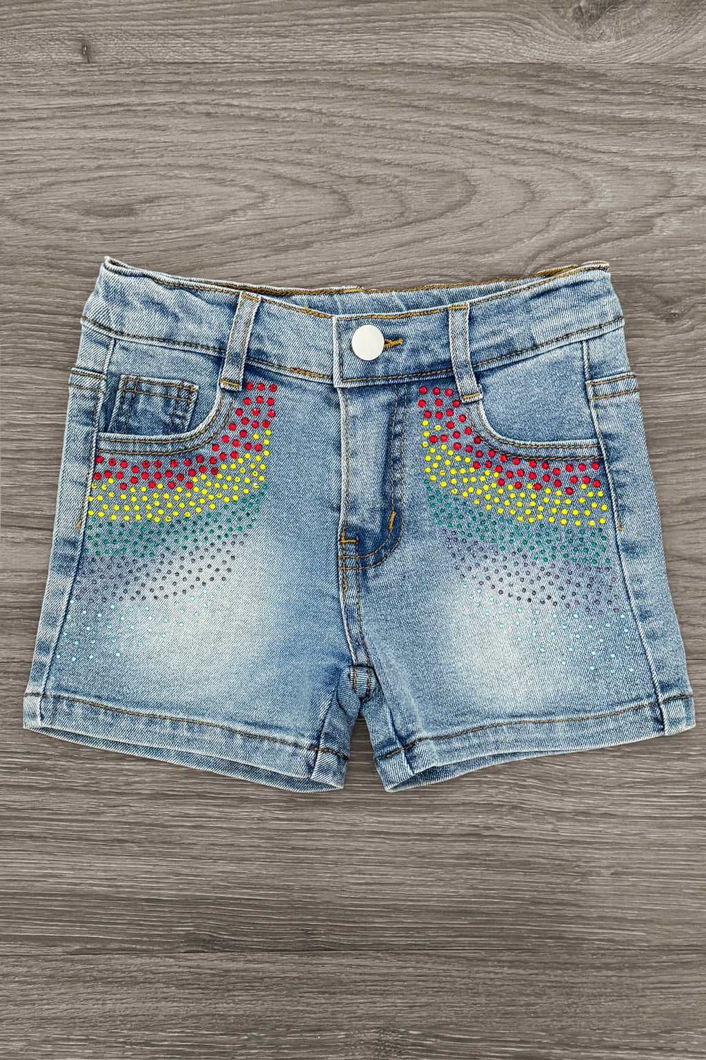 Pink Sequin Crayon Denim Short Set - 3T - Light blue denim shorts with colorful pink and yellow sequin crayon patterns on front pockets.