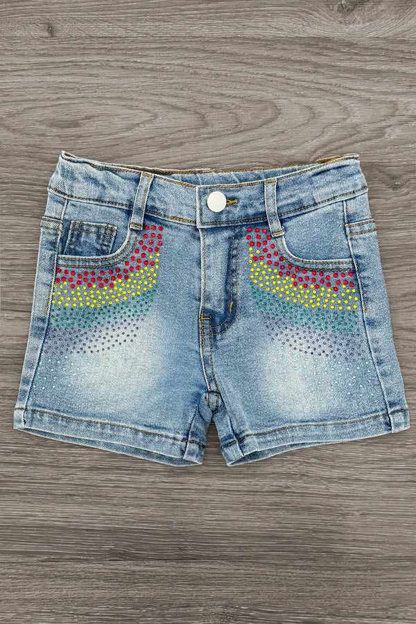 Pink Sequin Crayon Denim Short Set - 3T - Light blue denim shorts with colorful pink and yellow sequin crayon patterns on front pockets.
