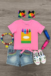 Pink Sequin Crayon Denim Short Set - 3T - Bright pink short-sleeve shirt with a colorful crayon box graphic paired with light blue denim shorts, white slip-on shoes.
