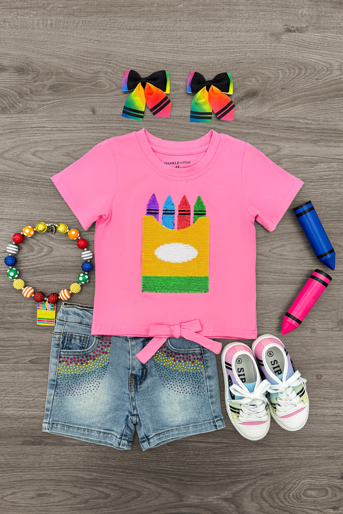 Pink Sequin Crayon Denim Short Set - 3T - Bright pink short-sleeve shirt with a colorful crayon box graphic paired with light blue denim shorts, white slip-on shoes.