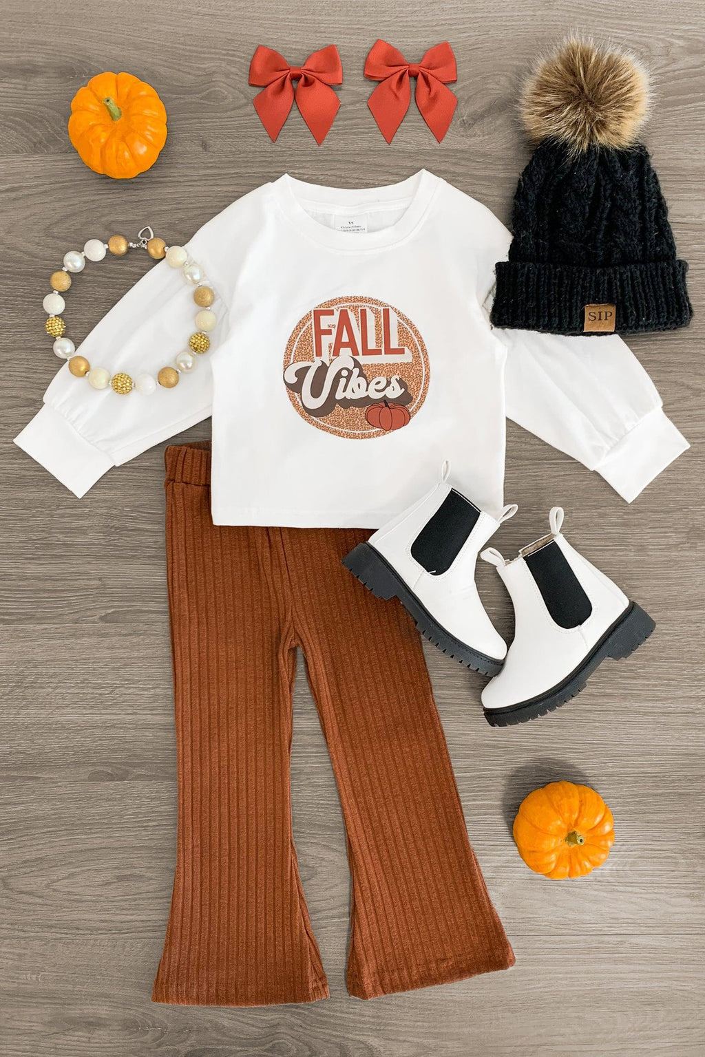 "Fall Vibes" Brown Flare Pant Set - Sparkle in Pink
