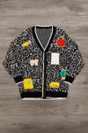 Mom & Me - Composition Sweater Cardigan - CHILD-3T - Black and white speckled cardigan with colorful embroidered patches and white trim.