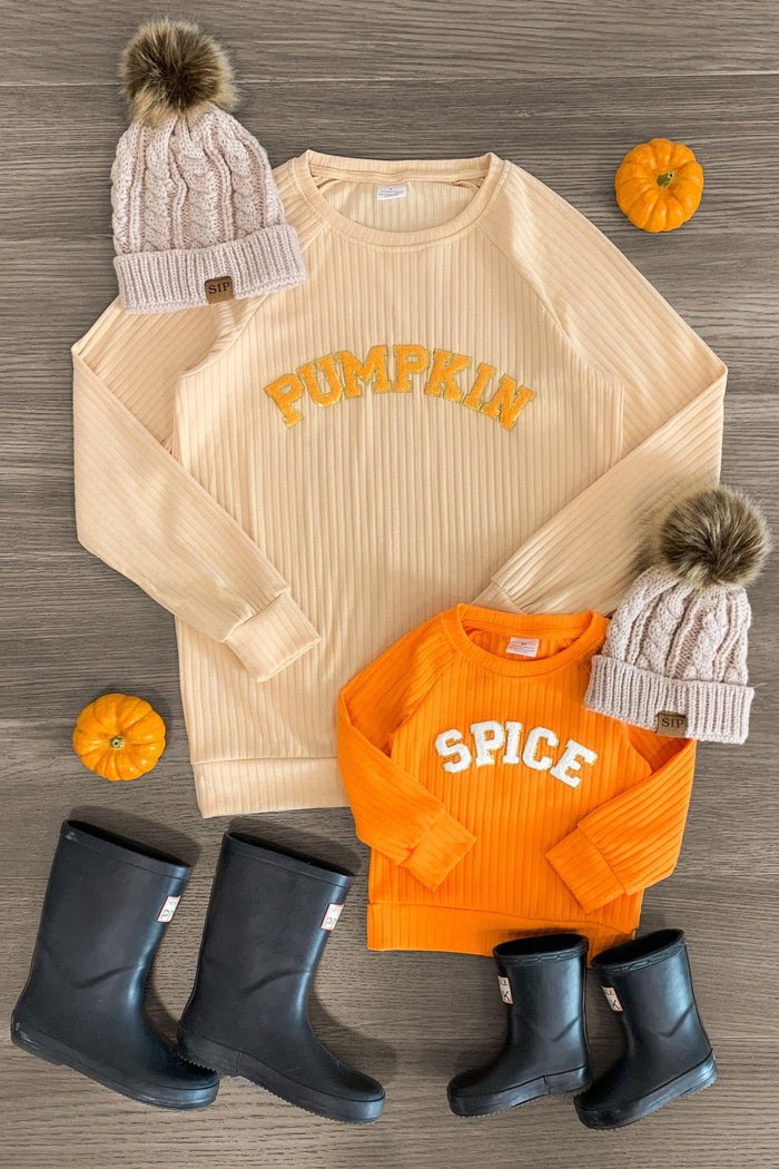Mom & Me - "Pumpkin & Spice" Chenille Patch Top - BABY-0-3 Months-FAMILY - Tan chenille long-sleeve top with "Pumpkin" text paired with orange "Spice" chenille shirt, knit hats, and black rain boots.