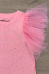 Pink Rhinestone Dress - 6-12 Months - Light pink dress with sparkling rhinestones and layered tulle puff sleeves.