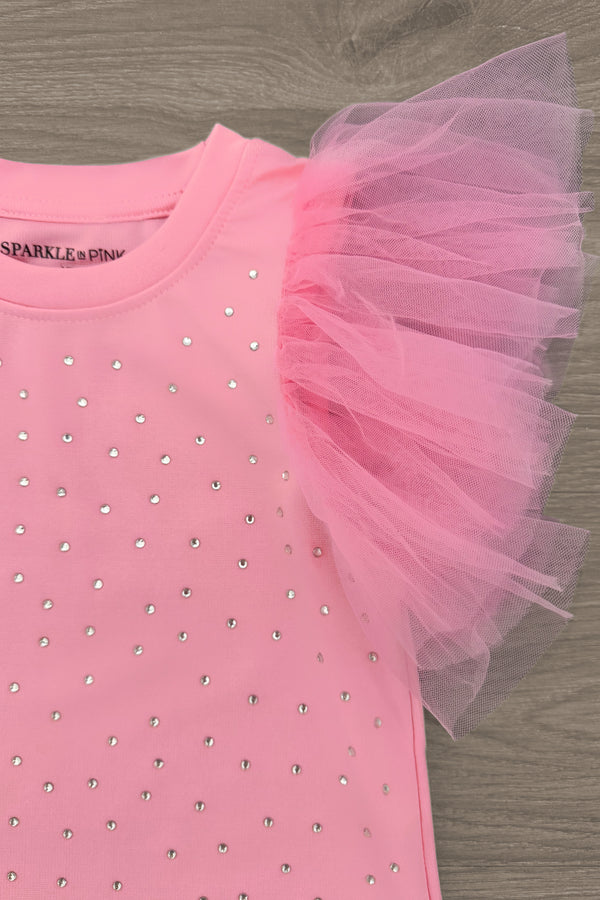 Pink Rhinestone Dress - 6-12 Months - Light pink dress with sparkling rhinestones and layered tulle puff sleeves.