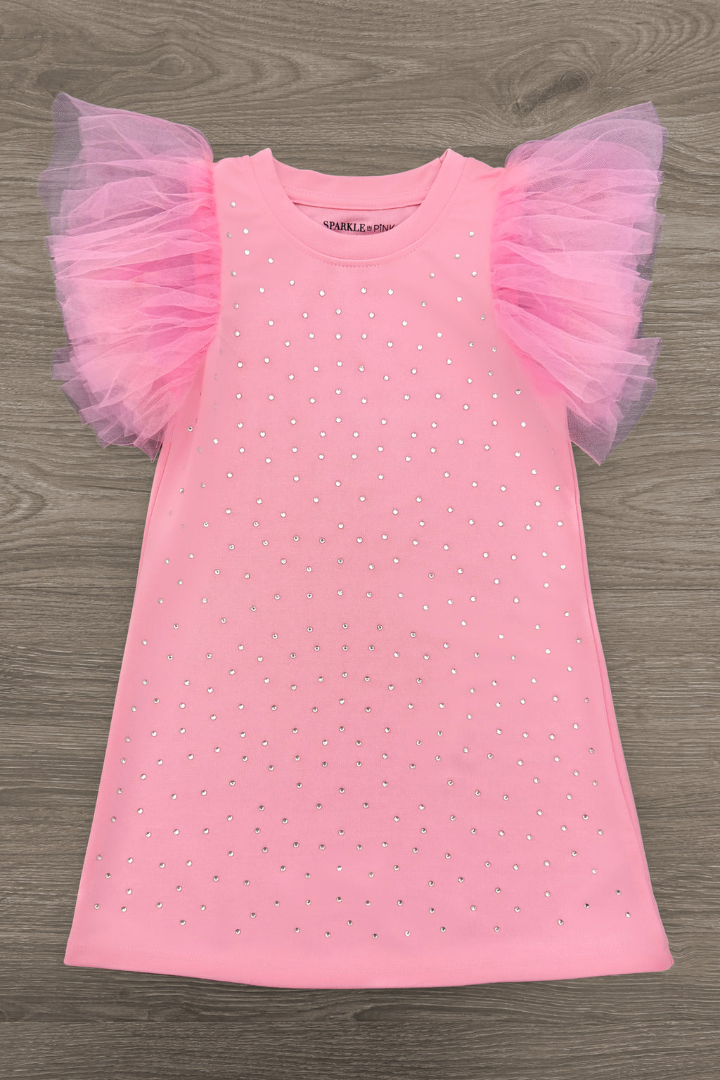 Pink Rhinestone Dress - 6-12 Months - Pink sleeveless dress with sparkling rhinestones and sheer ruffled tulle shoulders.