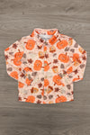 Autumn Long Sleeve Top - 6-12 Months - Beige long sleeve button-up top with orange pumpkins and autumn leaves print designed for boys.