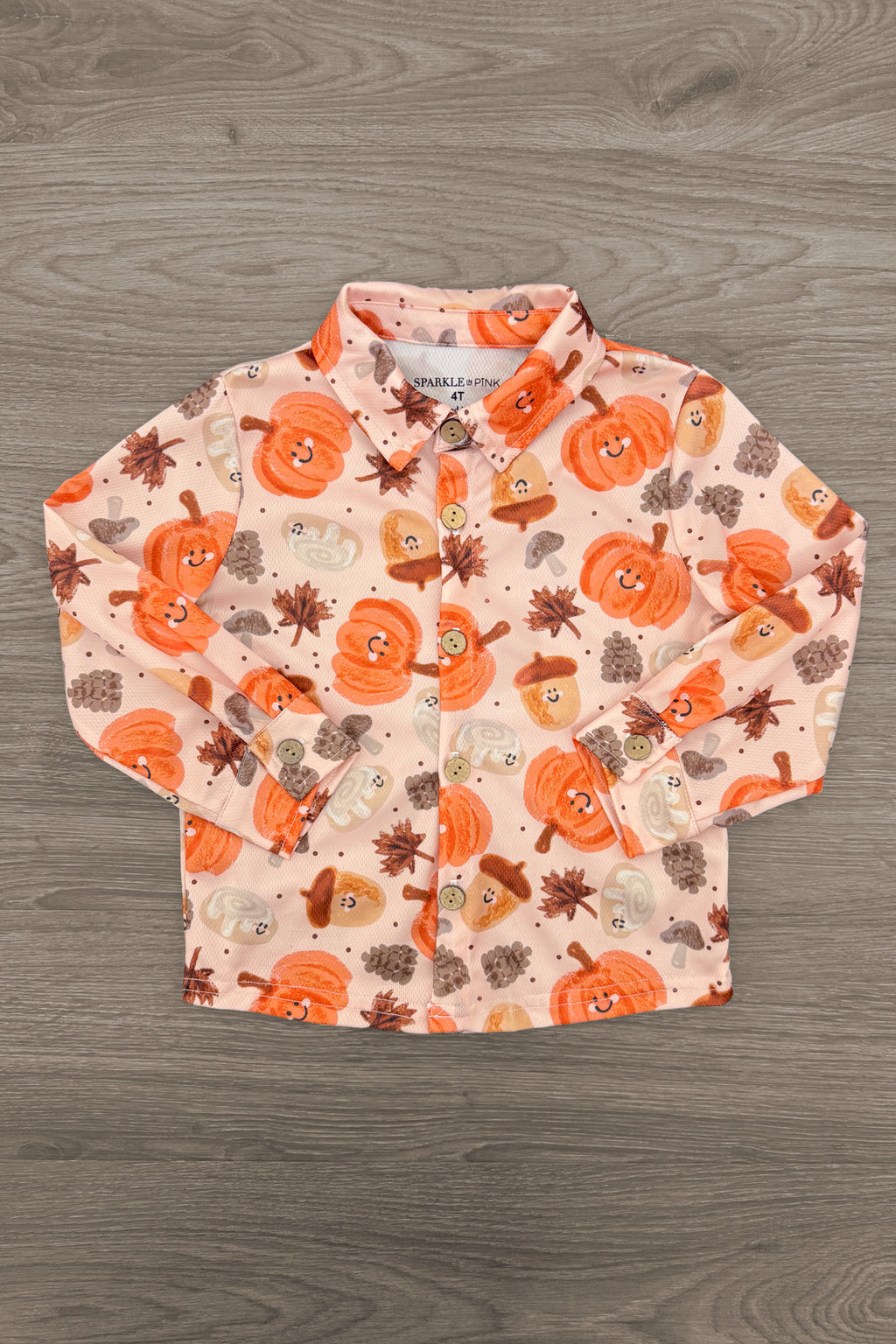 Autumn Long Sleeve Top - 6-12 Months - Beige long sleeve button-up top with orange pumpkins and autumn leaves print designed for boys.