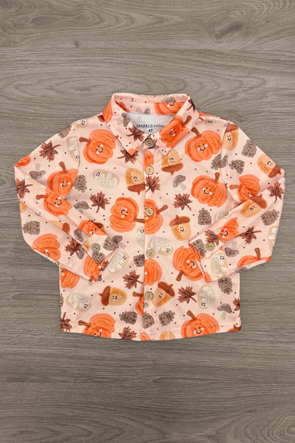 Autumn Long Sleeve Top - 6-12 Months - Beige long sleeve button-up top with orange pumpkins and autumn leaves print designed for boys.