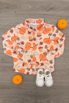 Autumn Long Sleeve Top - 6-12 Months - Light beige long sleeve top with orange pumpkin and fall leaf prints, button-up front, and a classic collar.