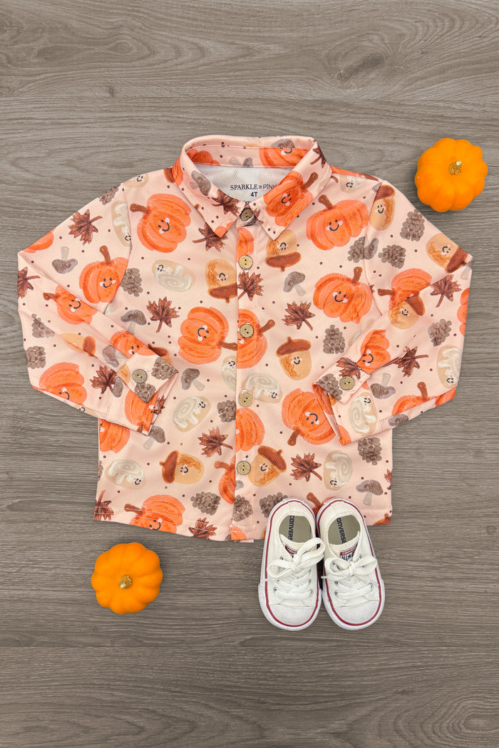 Autumn Long Sleeve Top - 6-12 Months - Light beige long sleeve top with orange pumpkin and fall leaf prints, button-up front, and a classic collar.