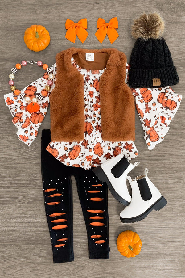 Autumn Leaves & Pumpkins Fur Vest Set - 3 Piece - Sparkle in Pink