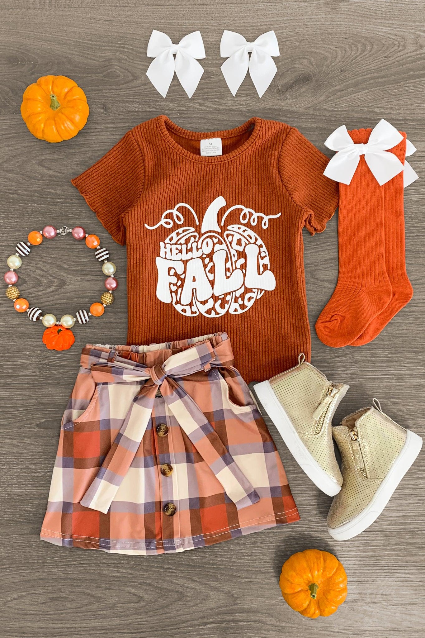 "Hello Fall" Brown & Orange Plaid Skirt Set - Sparkle in Pink