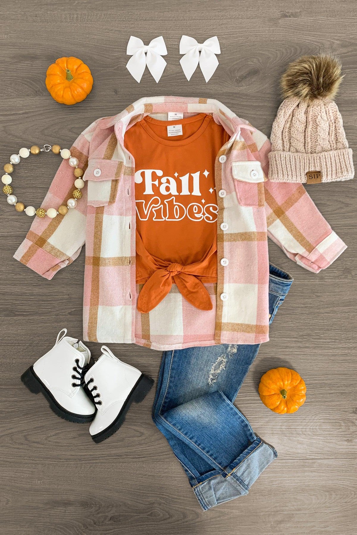 "Fall Vibes" Orange & Pink Flannel Shirt Set - Sparkle in Pink