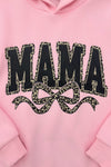 Mom & Me - "Mama & Mini" Pink Cheetah Pullover - 6-12 Months - Pink pullover hoodie with black "MAMA" text and leopard print accents on letters and bow design.