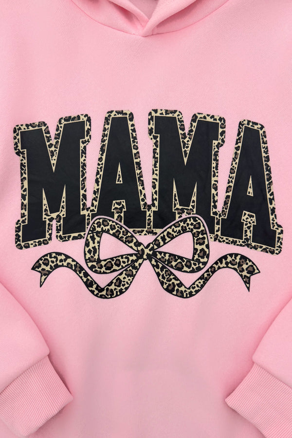Mom & Me - "Mama & Mini" Pink Cheetah Pullover - 6-12 Months - Pink pullover hoodie with black "MAMA" text and leopard print accents on letters and bow design.