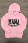 Mom & Me - "Mama & Mini" Pink Cheetah Pullover - 6-12 Months - Pink pullover hoodie with black and white cheetah print lettering spelling "MAMA" on the front.