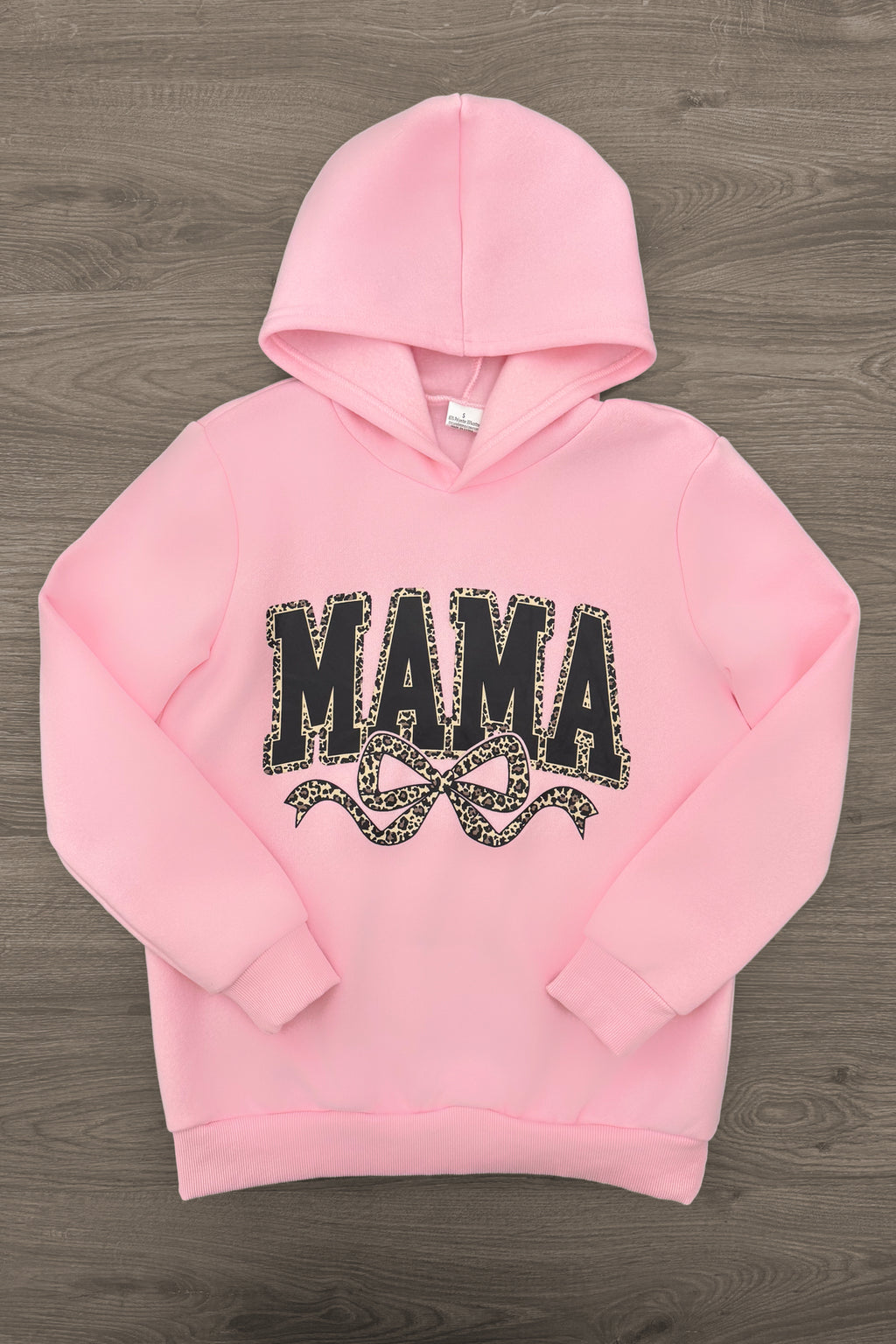 Mom & Me - "Mama & Mini" Pink Cheetah Pullover - 6-12 Months - Pink pullover hoodie with black and white cheetah print lettering spelling "MAMA" on the front.