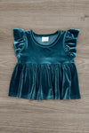 Velvet Pumpkin Flare Set - 6-12 Months - Turquoise velvet toddler top with puffed short sleeves and gathered waist flare.