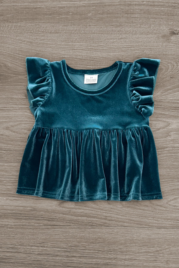 Velvet Pumpkin Flare Set - 6-12 Months - Turquoise velvet toddler top with puffed short sleeves and gathered waist flare.