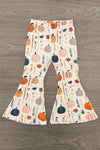 Velvet Pumpkin Flare Set - 6-12 Months - Cream velvet flare pants with colorful pumpkin and leaf prints in orange, turquoise, and brown.