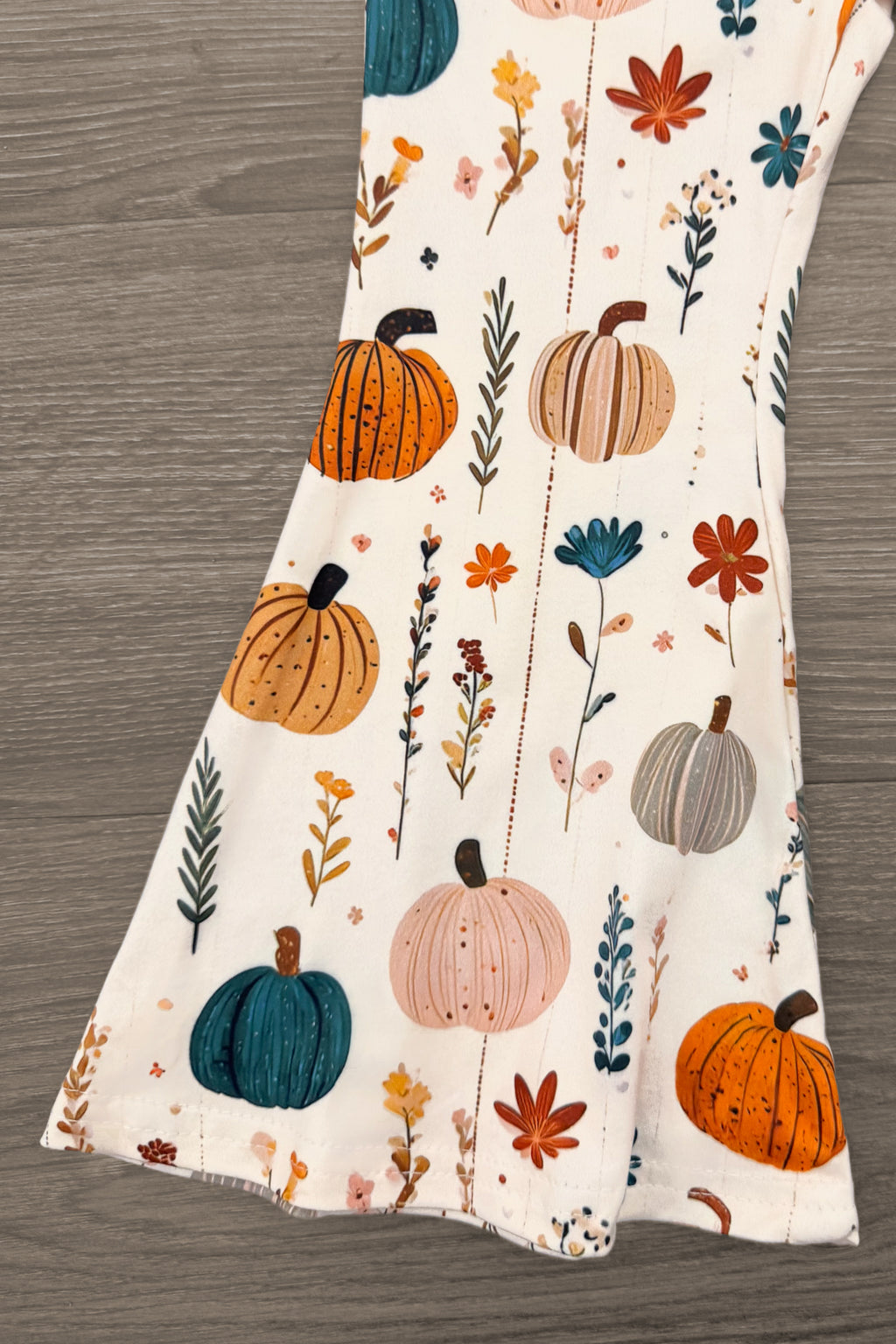 Velvet Pumpkin Flare Set - 6-12 Months - White flare pants with colorful velvet pumpkin and autumn leaf print.