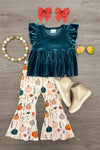 Velvet Pumpkin Flare Set - 6-12 Months - Teal velvet ruffled sleeve top with cream bell-bottom pants featuring pumpkins, paired with gold boots, orange bows, and.