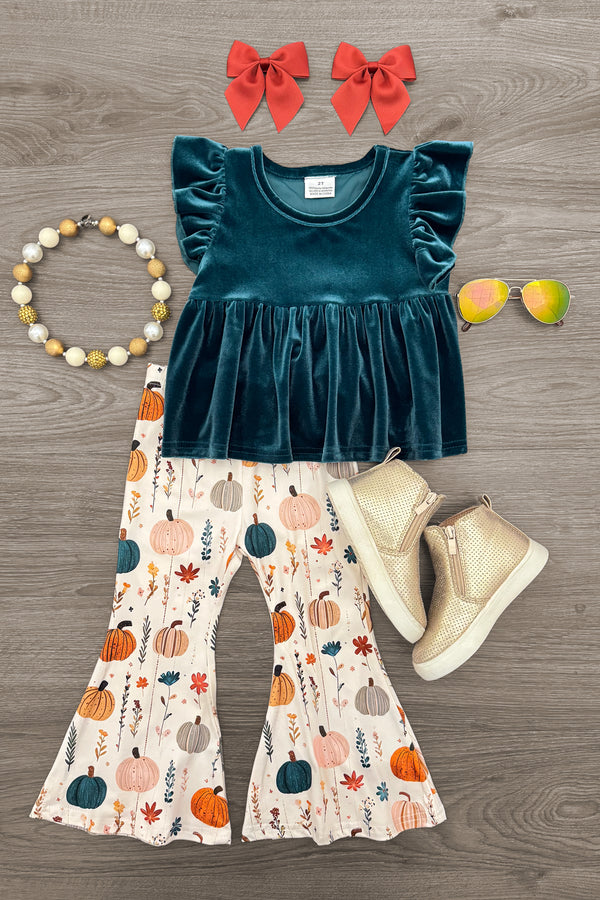 Velvet Pumpkin Flare Set - 6-12 Months - Teal velvet ruffled sleeve top with cream bell-bottom pants featuring pumpkins, paired with gold boots, orange bows, and.
