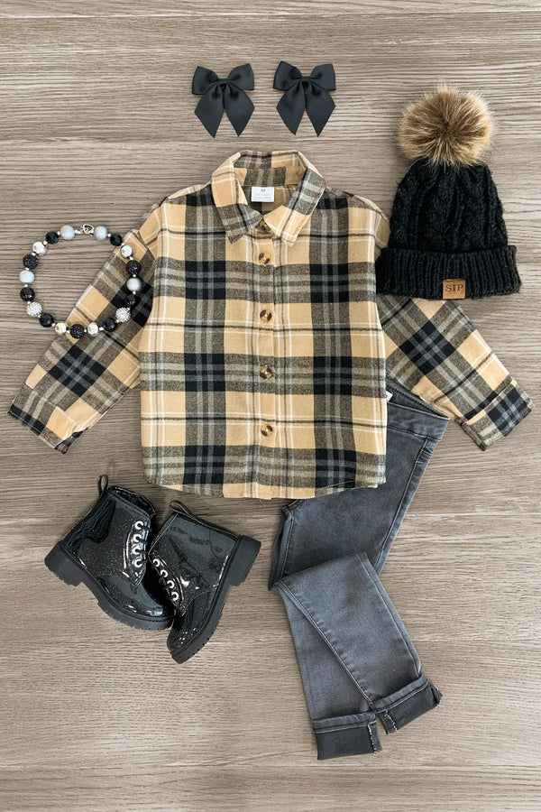 Tan & Black Button Down Flannel - Sparkle in Pink