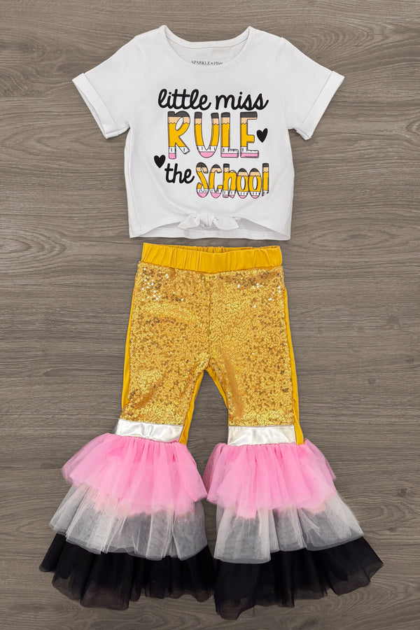 "Little Miss Rule The School" Bell Bottom Set - 3T - White short-sleeve crop top with “little miss rule the school” text in black and yellow, paired with gold velvet bell.