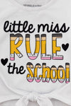 "Little Miss Rule The School" Bell Bottom Set - 3T - White cotton top with "little miss RULE the school" text in black, gold, and yellow letters, featuring small hearts and a.