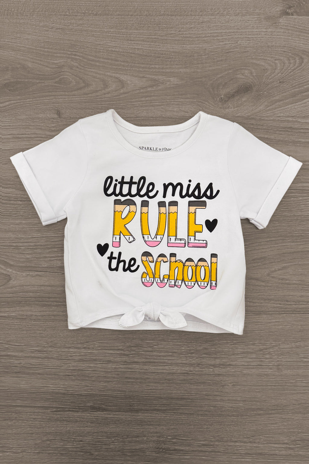 "Little Miss Rule The School" Bell Bottom Set - 3T - White short-sleeve cotton t-shirt with "Little Miss Rule the School" text in black, gold, and yellow block letters.