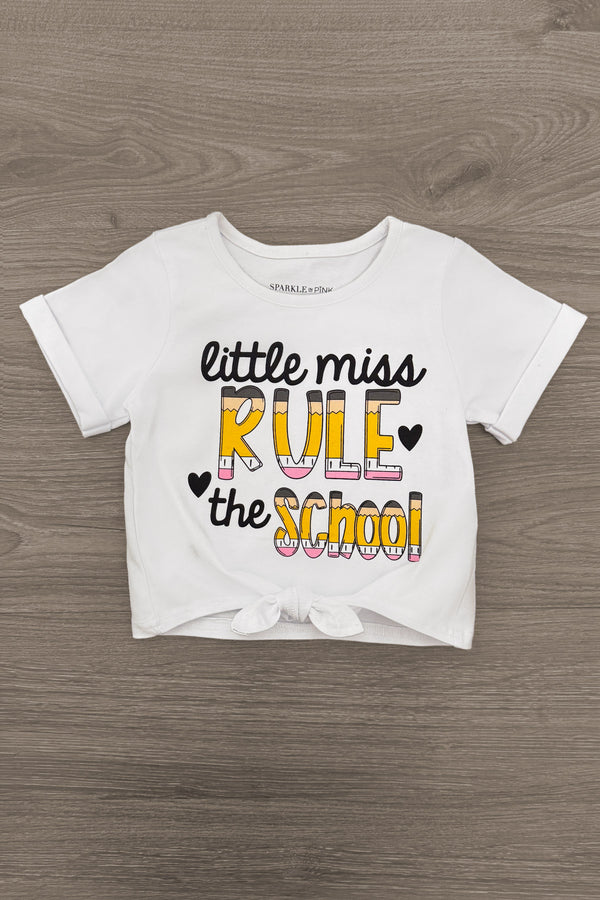 "Little Miss Rule The School" Bell Bottom Set - 3T - White short-sleeve cotton t-shirt with "Little Miss Rule the School" text in black, gold, and yellow block letters.