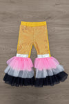"Little Miss Rule The School" Bell Bottom Set - 3T - Yellow bell-bottom pants with layered pink, white, and black tulle ruffles at the cuffs.