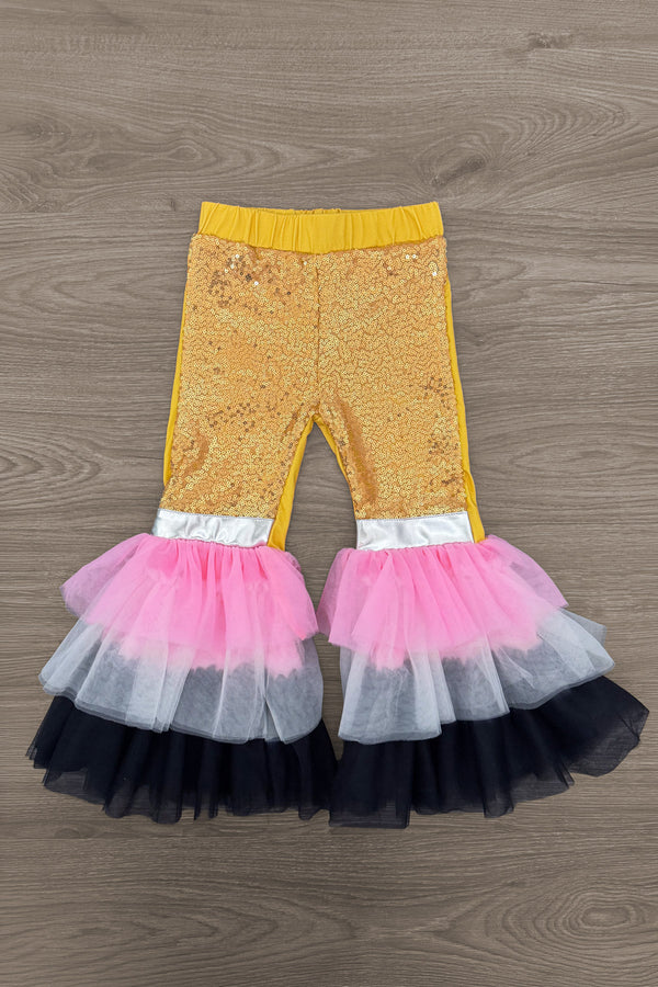 "Little Miss Rule The School" Bell Bottom Set - 3T - Yellow bell-bottom pants with layered pink, white, and black tulle ruffles at the cuffs.