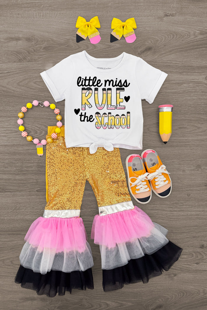"Little Miss Rule The School" Bell Bottom Set - 3T - White short-sleeve top with "Little Miss Rule the School" text, yellow floral bell-bottom pants with pink, white, and black.