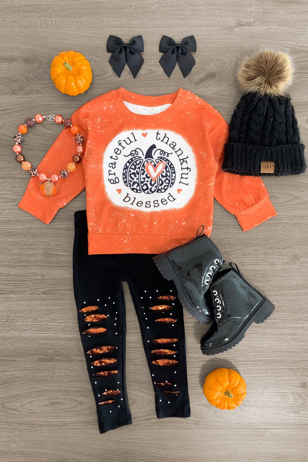 "Grateful, Thankful, Blessed" Orange Legging Set - Sparkle in Pink