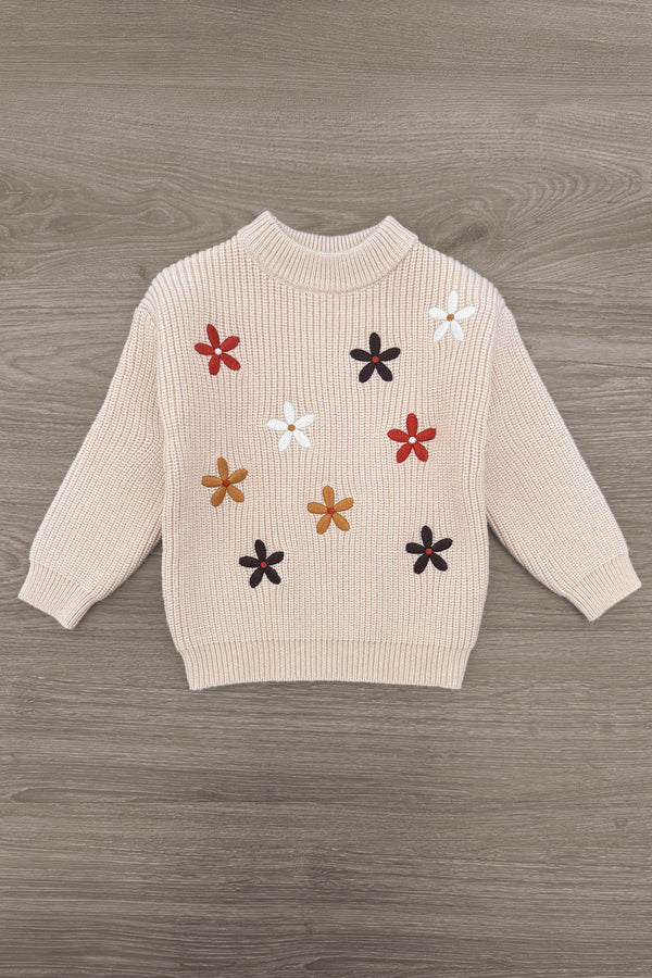 Knit Flower Print Sweater Bell Bottom Set - 3XS-6-12 Months - Cream knit sweater with colorful flower appliques in rust, black, and white, featuring a round neck and long sleeves.