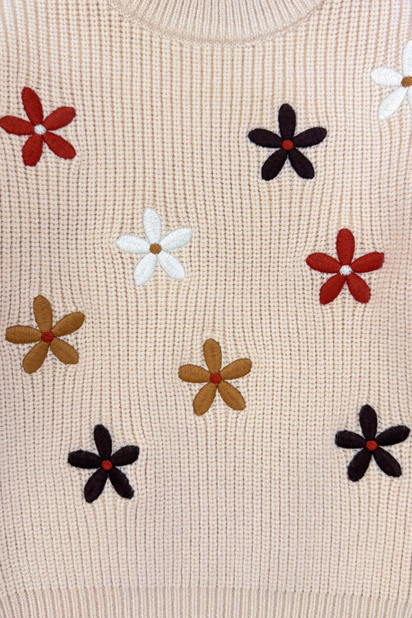 Knit Flower Print Sweater Bell Bottom Set - 3XS-6-12 Months - Cream knit sweater with ribbed texture and multicolored flower appliqués in rust, black, and white.