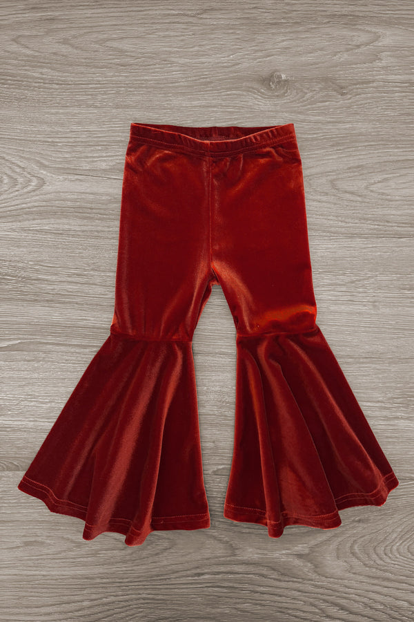 Knit Flower Print Sweater Bell Bottom Set - 3XS-6-12 Months - Rust-colored velvet bell bottom pants with wide flared legs and a high waist.