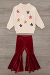 Knit Flower Print Sweater Bell Bottom Set - 3XS-6-12 Months - Cream knit sweater with multicolored flower prints paired with deep red velvet bell bottom pants.