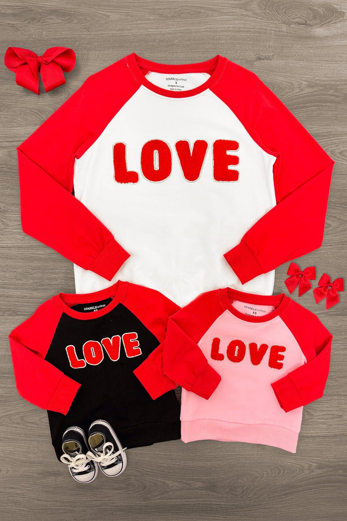 Mom & Kid - "Love" Chenille Patch Top - GIRL-3XS-6-12 Months-FAMILY - Mom & Kid long-sleeve tops with red chenille "LOVE" patch, white, black, and pink color options, red sleeves.