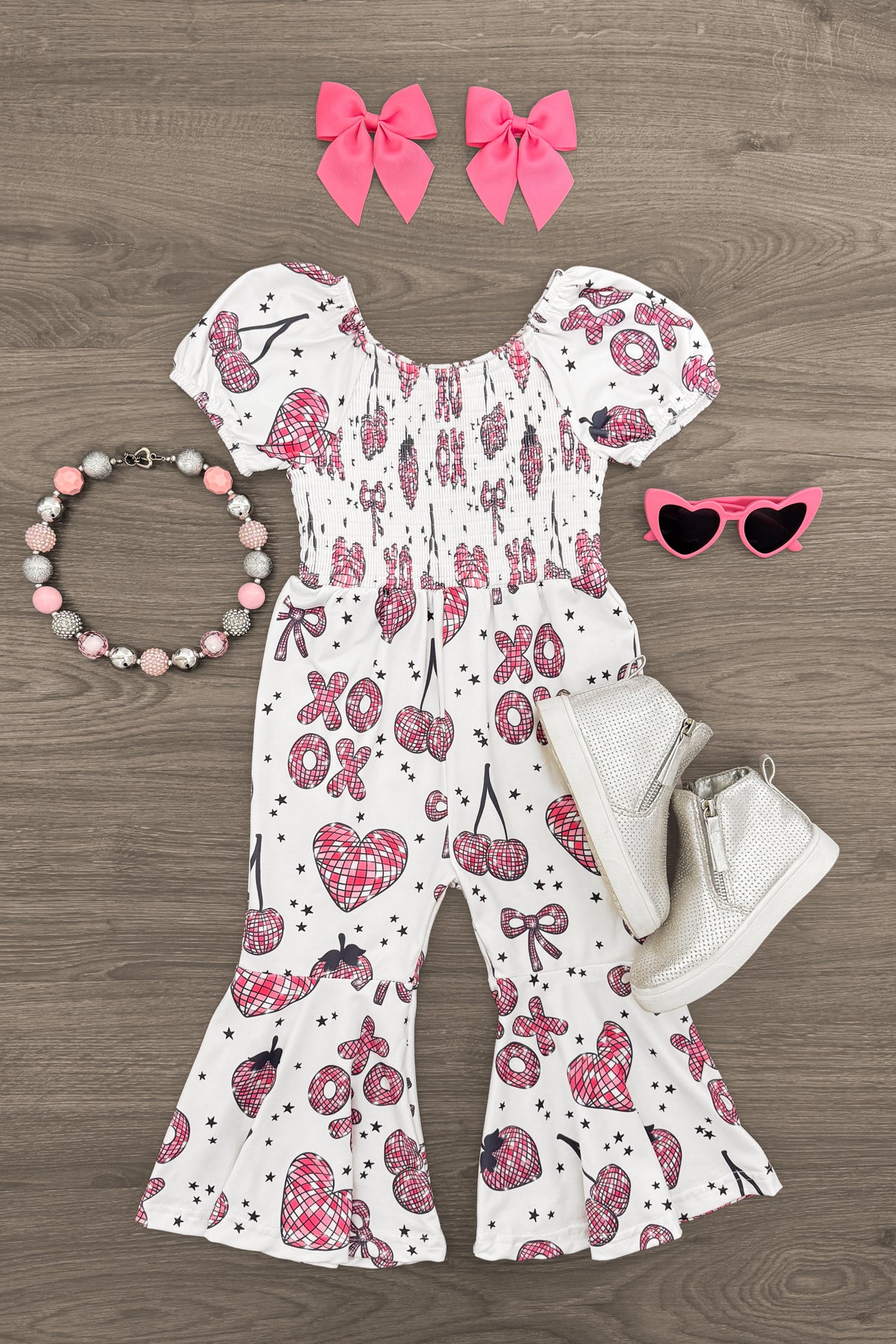 "XOXO" White & Pink Disco Jumpsuit | Sparkle in Pink