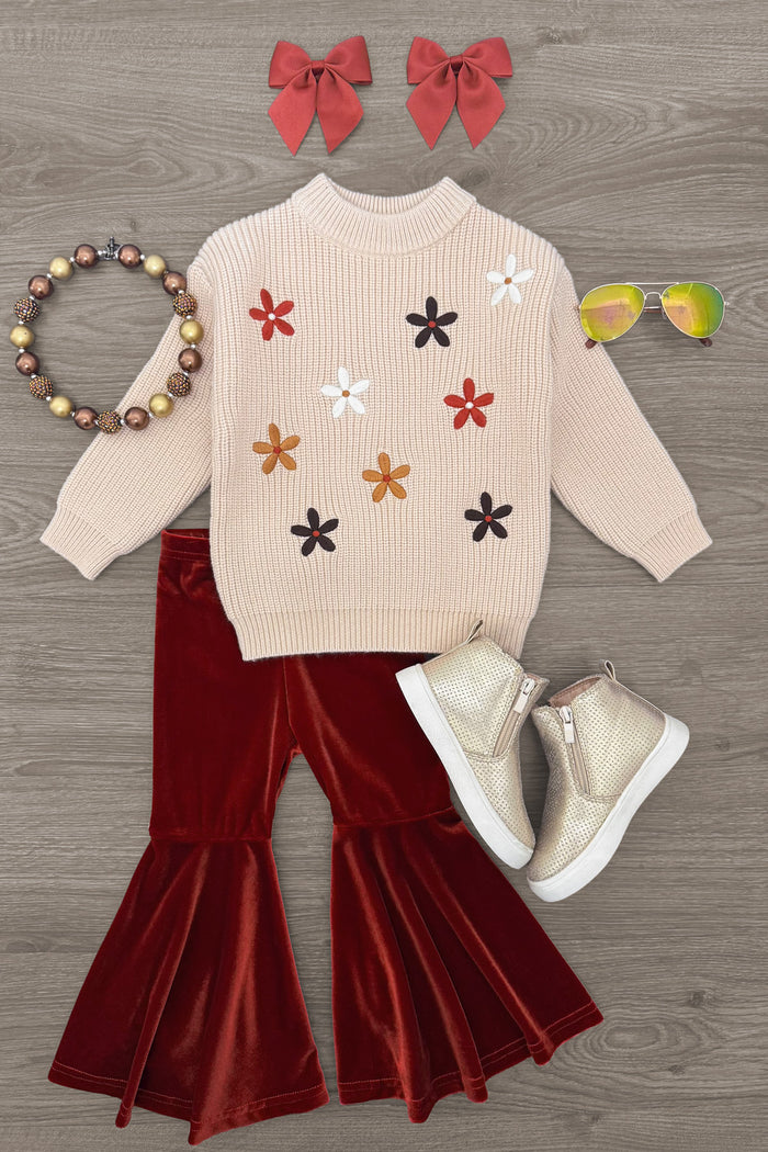Knit Flower Print Sweater Bell Bottom Set - 3XS-6-12 Months - Cream knit sweater with colorful flower appliqués paired with rust velvet bell-bottom pants and white ankle boots.